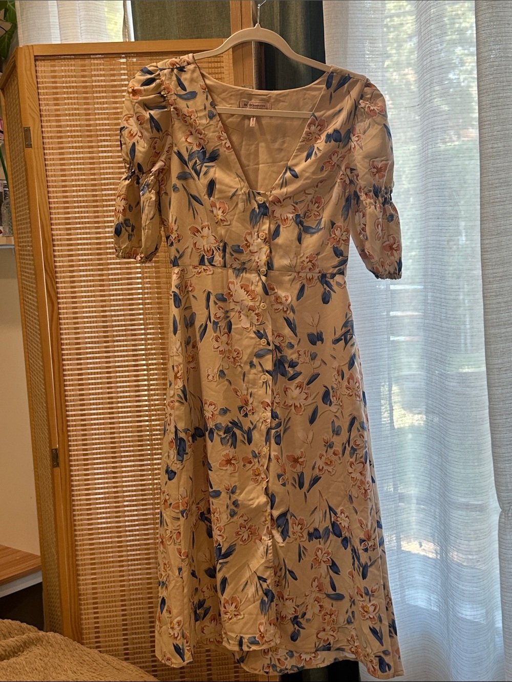 BCBGeneration Cream Midi Dress with Blue and Pink Floral Print